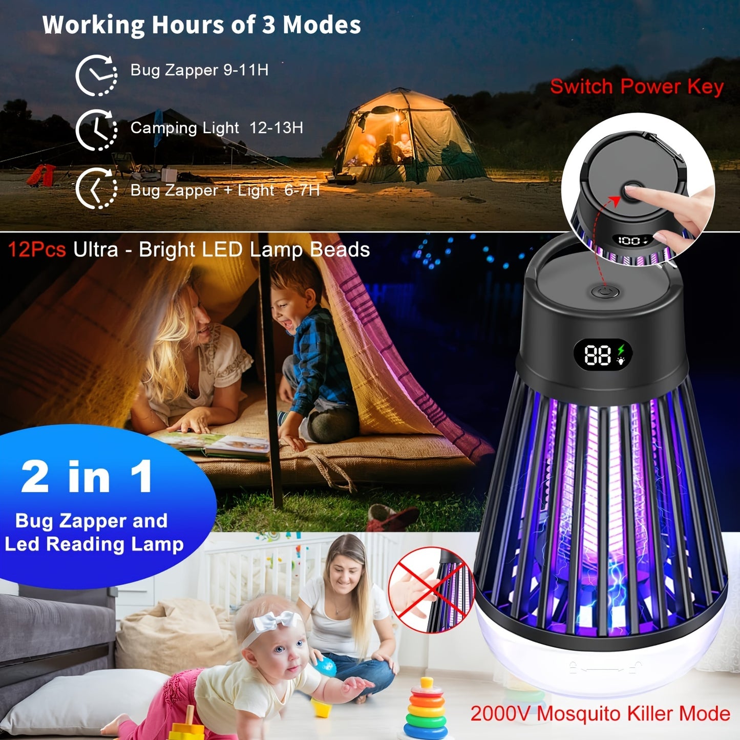 1pc, Bug Zapper, Outdoor And Indoor Insect Killer - Rechargeable Mosquito And Fly Trap, USB LED Light Trap Portable Cordless Electric Mosquito Killer Lamp, Household Backyard Camping Patio Insect Killer, Pest Control, Househo