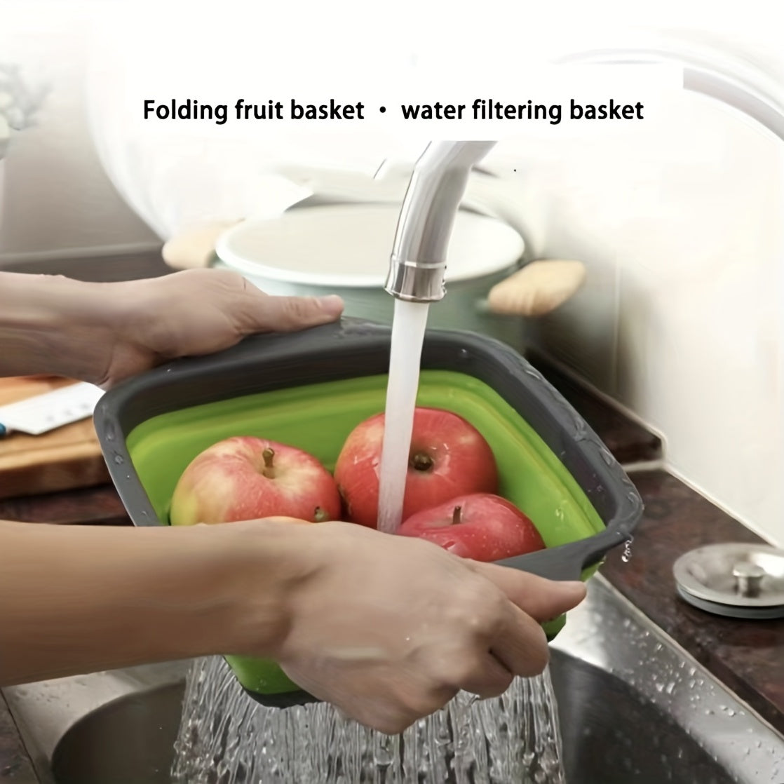 2pcs Folding Drain Basket, Portable Fruit Vegetable Cleaning Washing Basket, Square Expandable Filter Basket, Home Tool, Home Gadgets, Home Accessories (1 Large, 1 Small), Kitchen Washing Basket