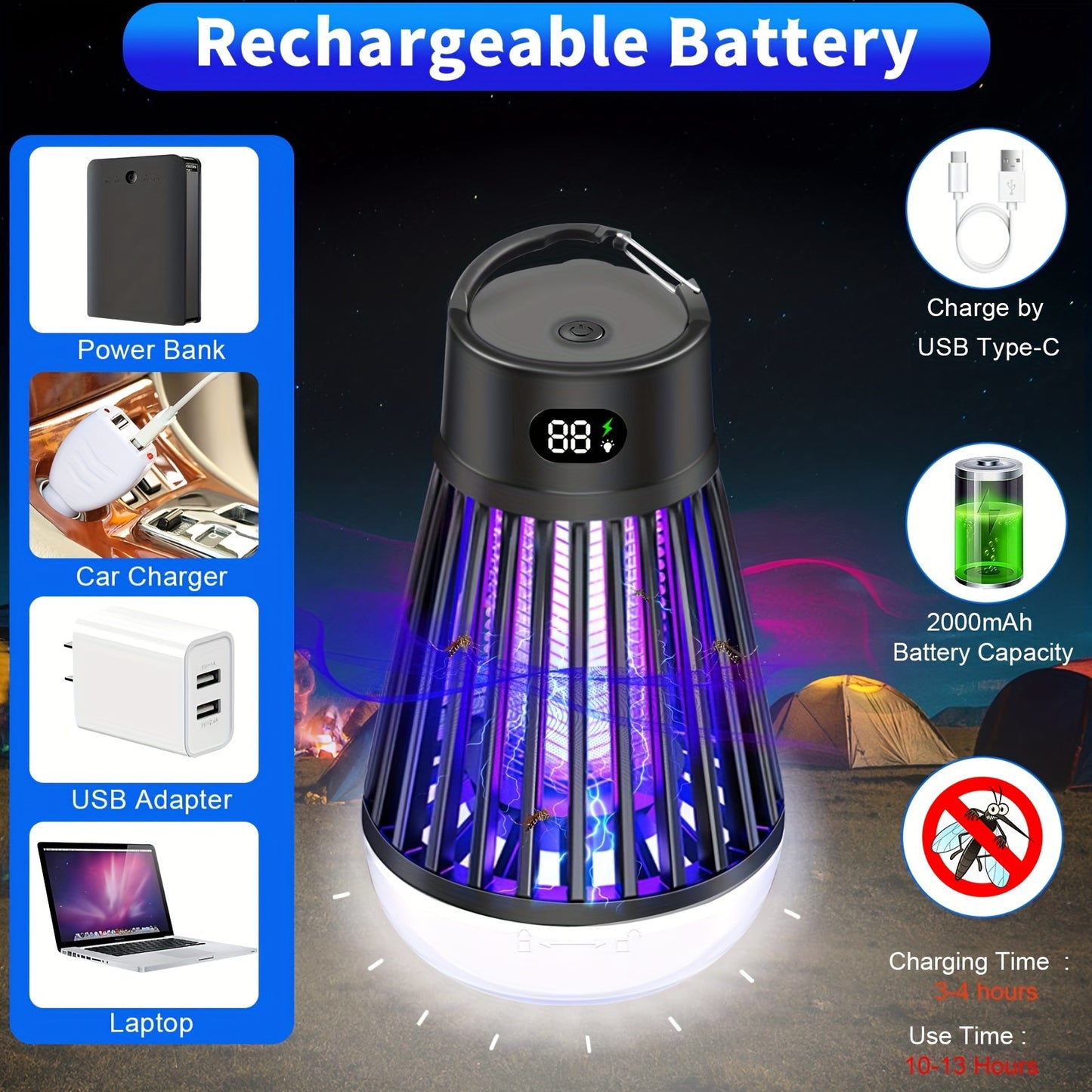 1pc, Bug Zapper, Outdoor And Indoor Insect Killer - Rechargeable Mosquito And Fly Trap, USB LED Light Trap Portable Cordless Electric Mosquito Killer Lamp, Household Backyard Camping Patio Insect Killer, Pest Control, Househo